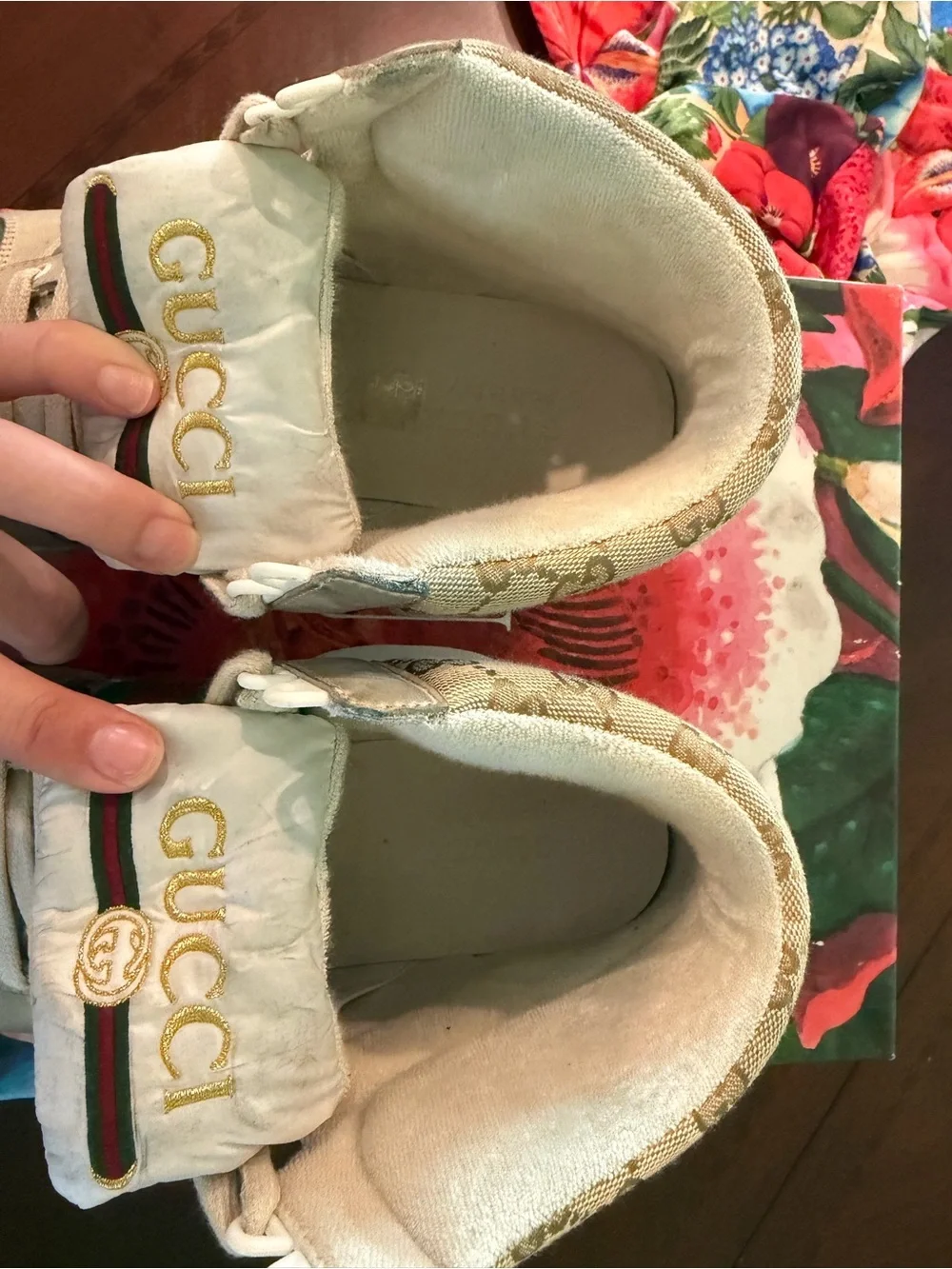 Gucci Beige Canvas High-Top Sneaker with Green and Red Web